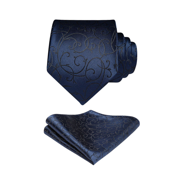 Floral 3.4 inch Tie Handkerchief Set - 12-NAVY BLUE/BLACK
