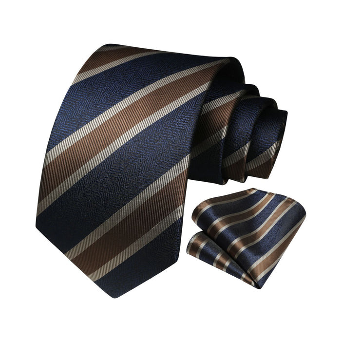 Stripe Tie Handkerchief Set - NAVY/GOLD A01
