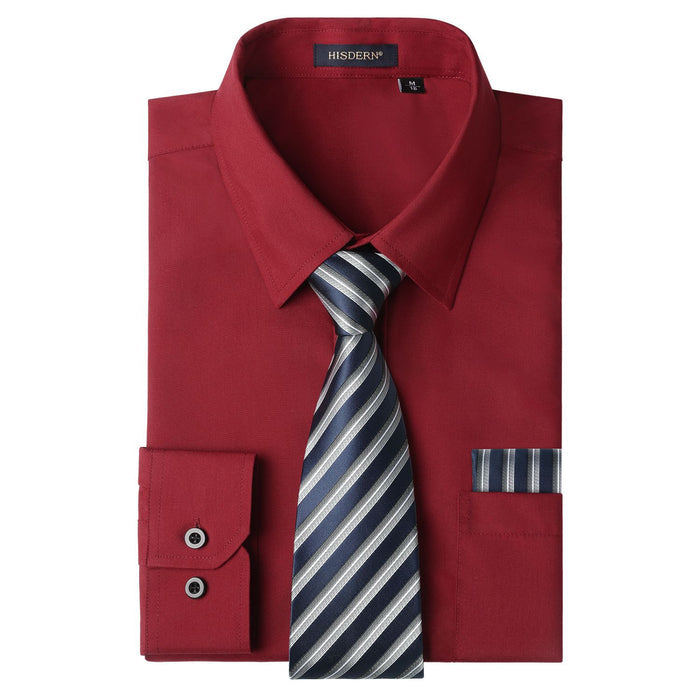 Men's Shirt with Tie Handkerchief Set - 06-DARK RED/NAVY