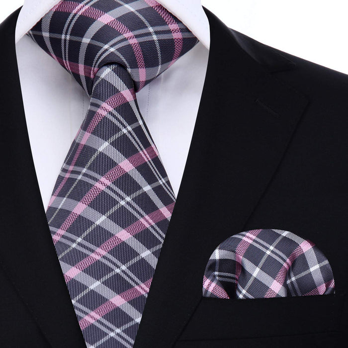 Plaid Tie Handkerchief Set - C-PINK 1