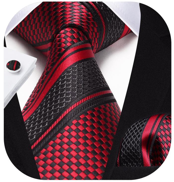 Stripe Tie Handkerchief Cufflinks - C1-RED