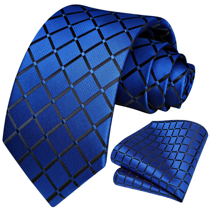 Plaid Tie Handkerchief Set -  A6-ROYAL BLUE