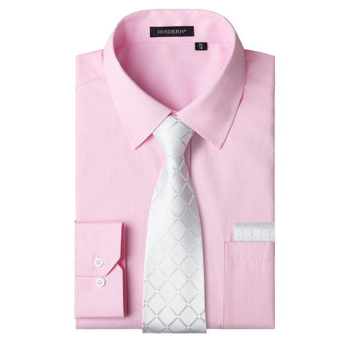 Men's Shirt with Tie Handkerchief Set - 05-PINK/WHITE