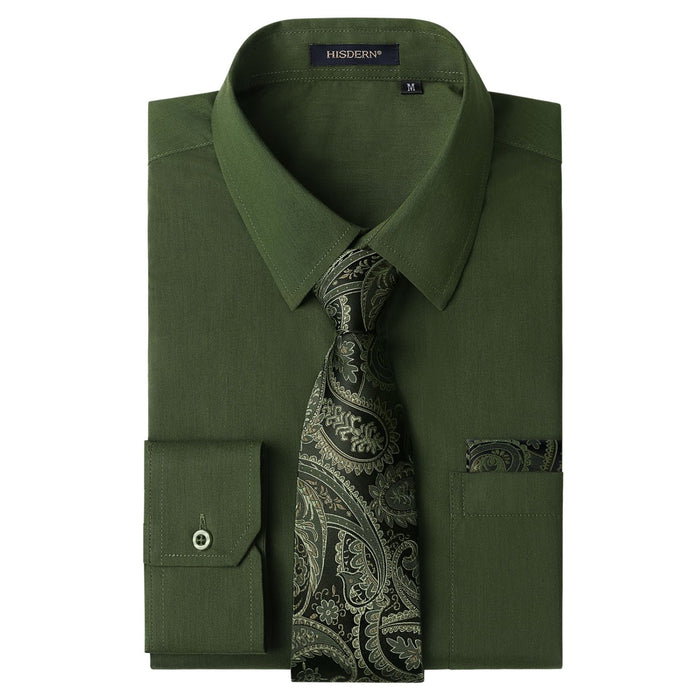 Men's Shirt with Tie Handkerchief Set - 08-GREEN