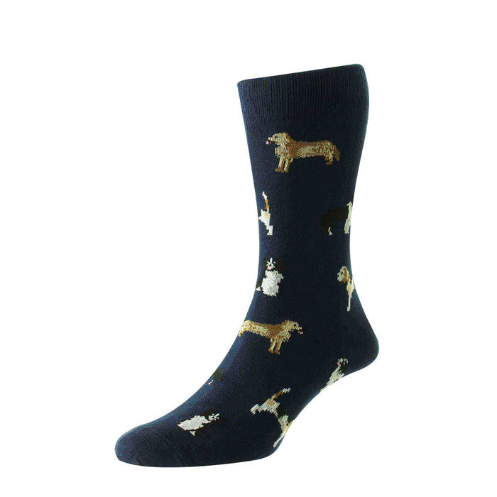Studio shot on a white background of a HJ Hall Cotton Rich Men's sock in a foot dummy showing the navy country dogs design