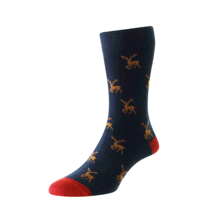 Studio shot on a white background of a HJ Hall Cotton Rich Men's sock in a foot dummy showing the navy stag design