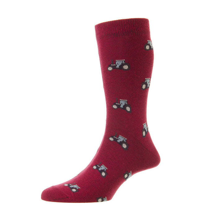 Studio shot on a white background of a HJ Hall Cotton Rich Men's sock in a foot dummy showing the claret tractor design