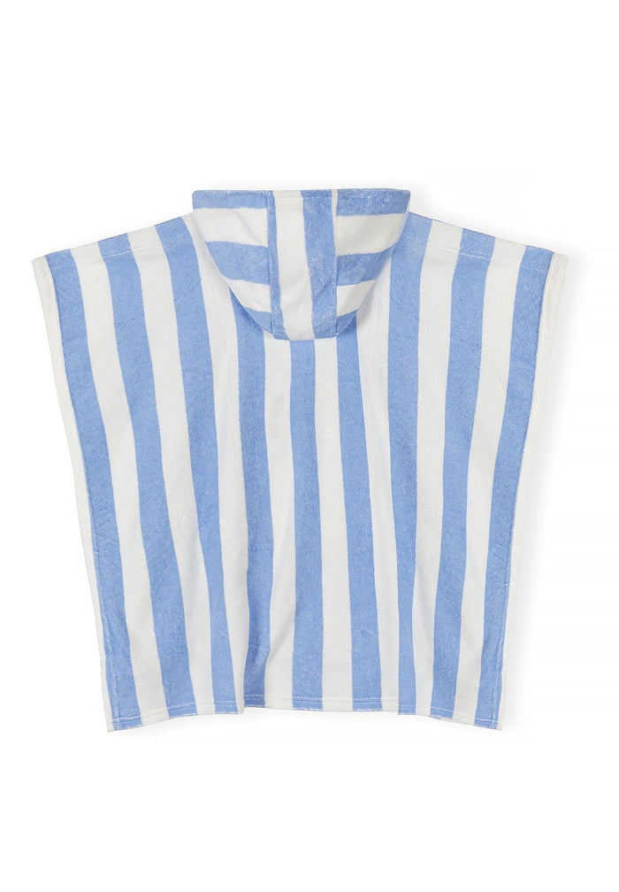 Boys hooded cover up with blue and white stripes, back view, features a three-dimensional hood.