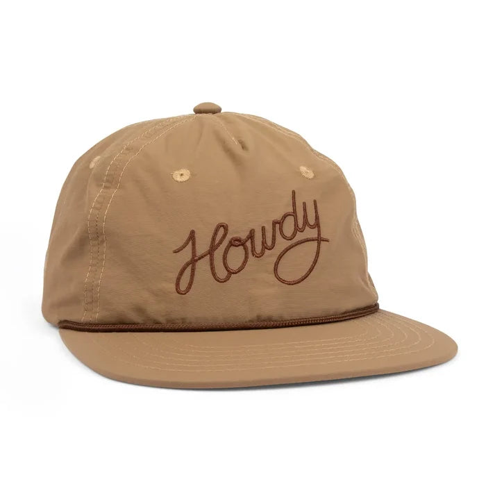 Tan Howdy flatbrim hat with brown embroidered Howdy script on the front.