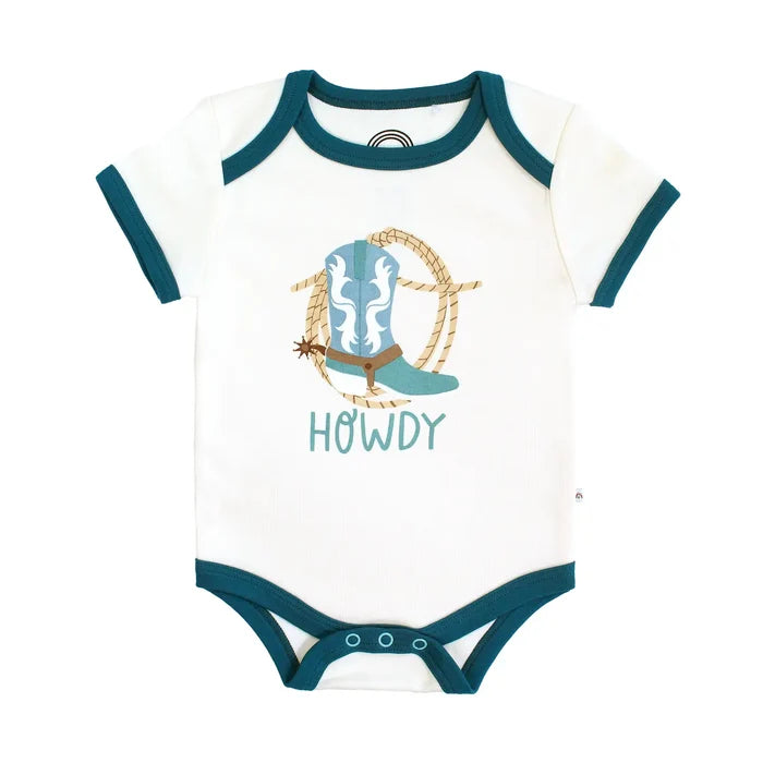 White baby onesie with teal trim featuring a turquoise boot and lasso graphic and the word HOWDY