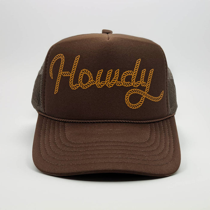 Front view of brown Howdy Trucker Hat with yellow rope script across the front