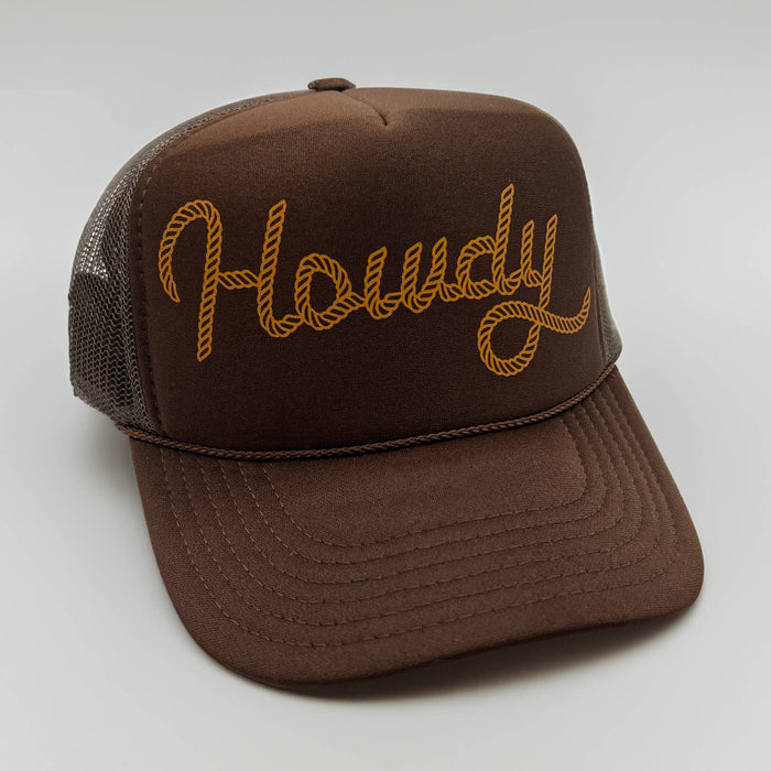 Angled side view of brown Howdy Trucker Hat with mesh back panel