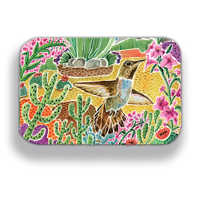 Wood magnet with a bright desert scene featuring a hummingbird among cacti and flowers.