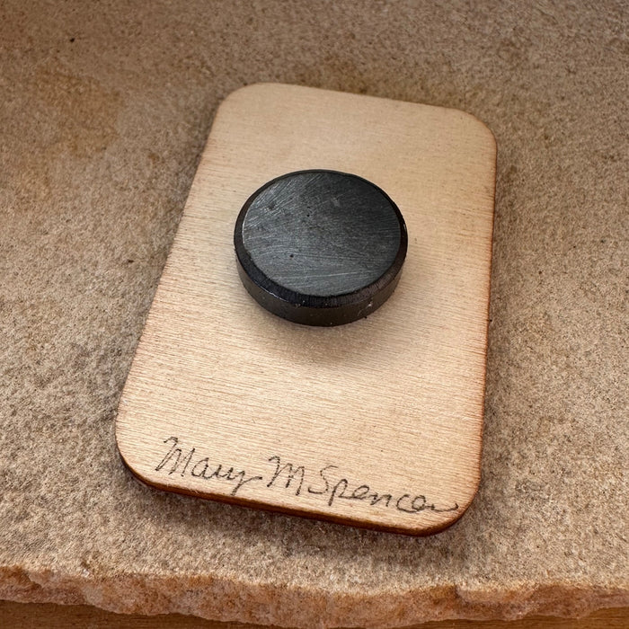 Back of a colorful desert wood magnet showing a round magnet attached to a square wood base.