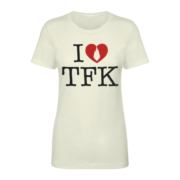 A white Thousand Foot Krutch T-shirt with I [heart] TFK in bold black letters; the heart is red with a white flame inside.