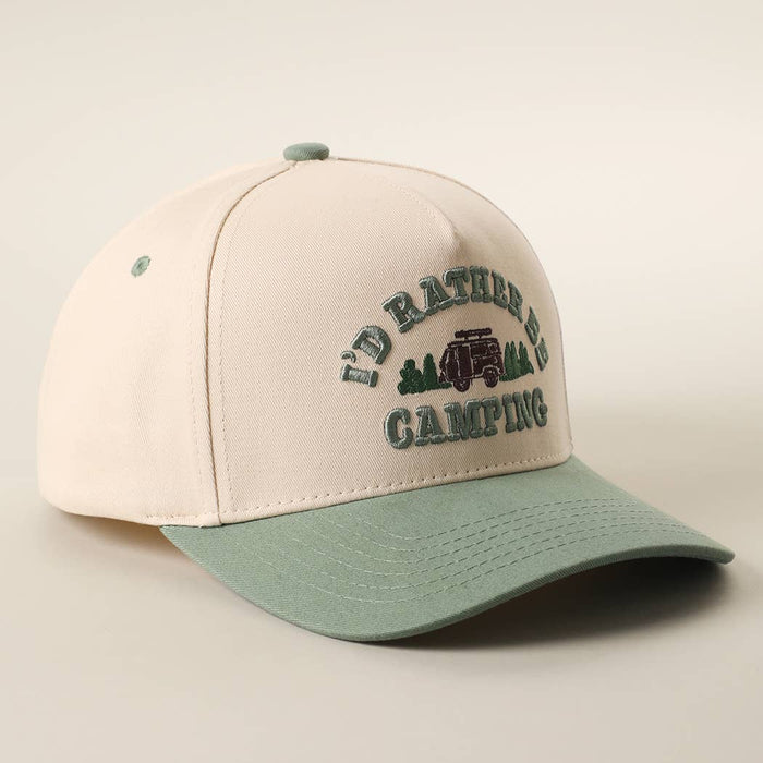 Front view of beige trucker cap with curved mint embroidery and sage green bill featuring I'd Rather Be Camping design
