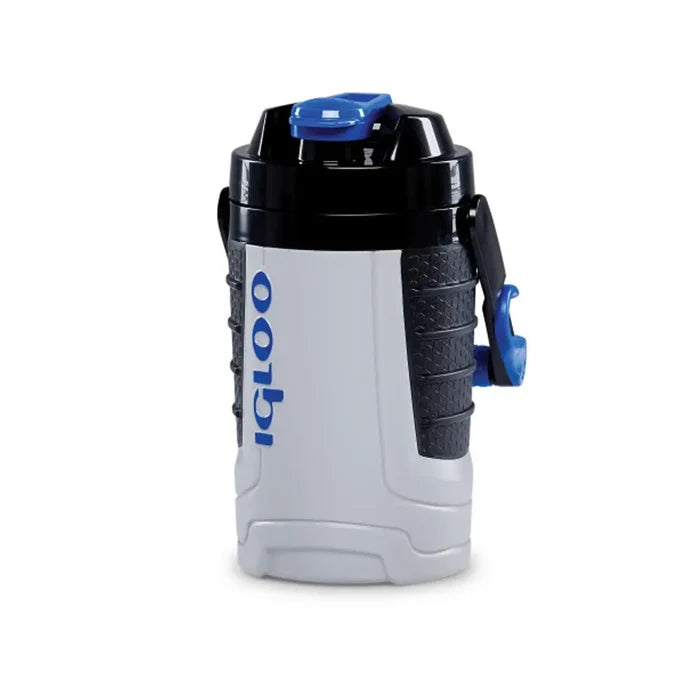 Front detail of Igloo Performance insulated drinks cooler in blue in 950ml capacity with the handle down