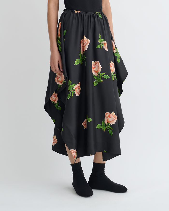 Ilariah - Printed Silk Twill Midi Skirt - Off Black/Roses