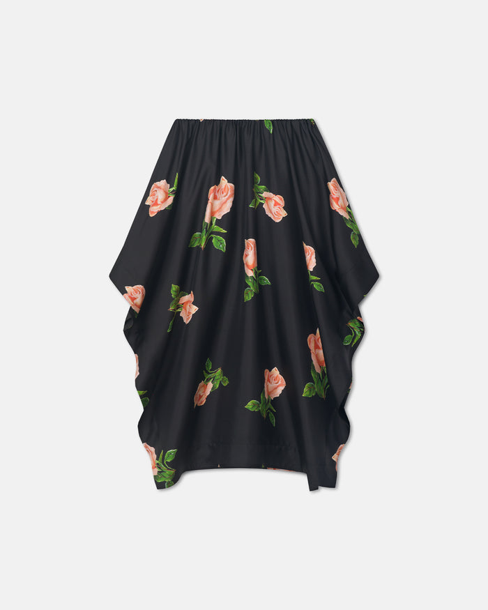 Ilariah - Printed Silk Twill Midi Skirt - Off Black/Roses