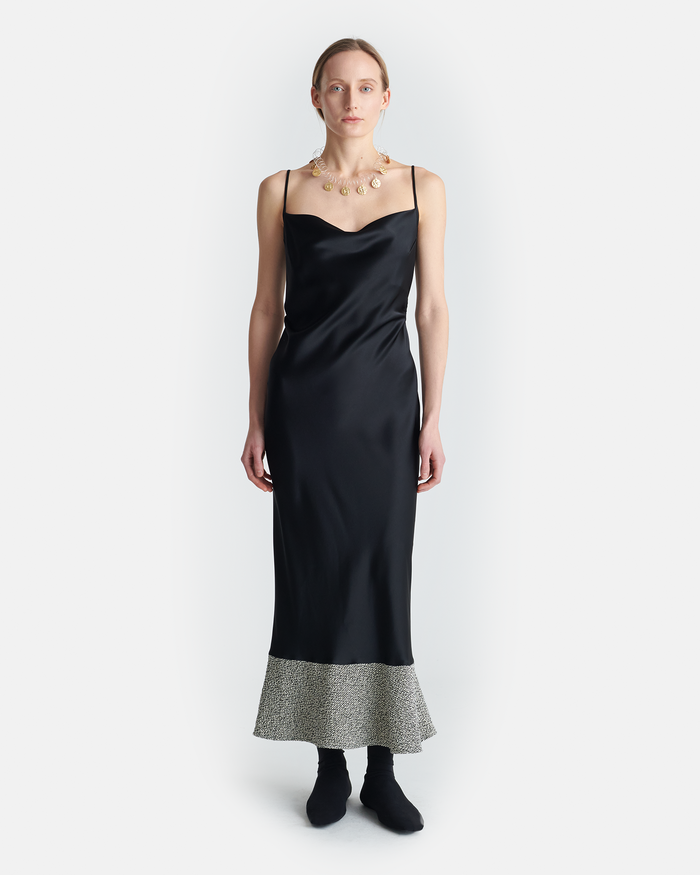 Ineke - Slip Satin and Loopback Cotton Dress - Black/Mouline