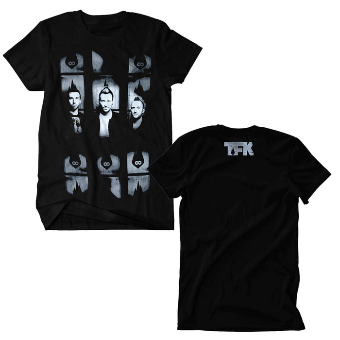 Thousand Foot Krutch black T-shirt with a front graphic of three band members’ faces accented by white and gray paint strokes; “TFK” printed in bold white letters on the back.