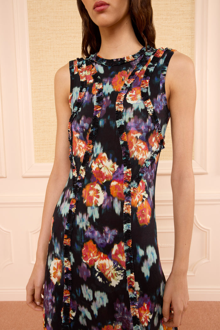 Isabelle Jersey Dress Nocturne - Ruffle & Ikat Floral Bodice Close-Up | Ulla Johnson