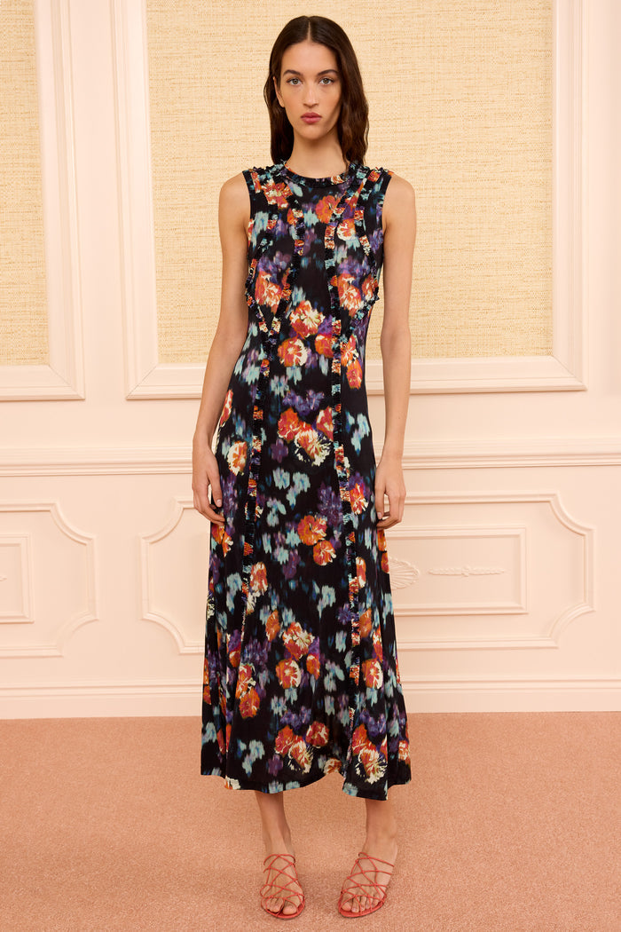 Isabelle Nocturne Ikat Floral Midi Dress - Full Front View On Model | Ulla Johnson