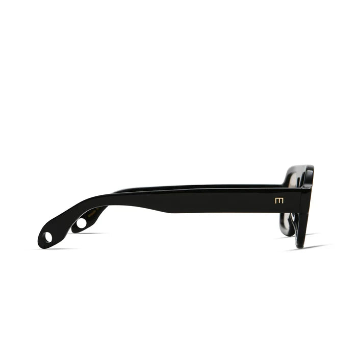 black sunglasses on a white background with Elisa Johnson logo on the the frame