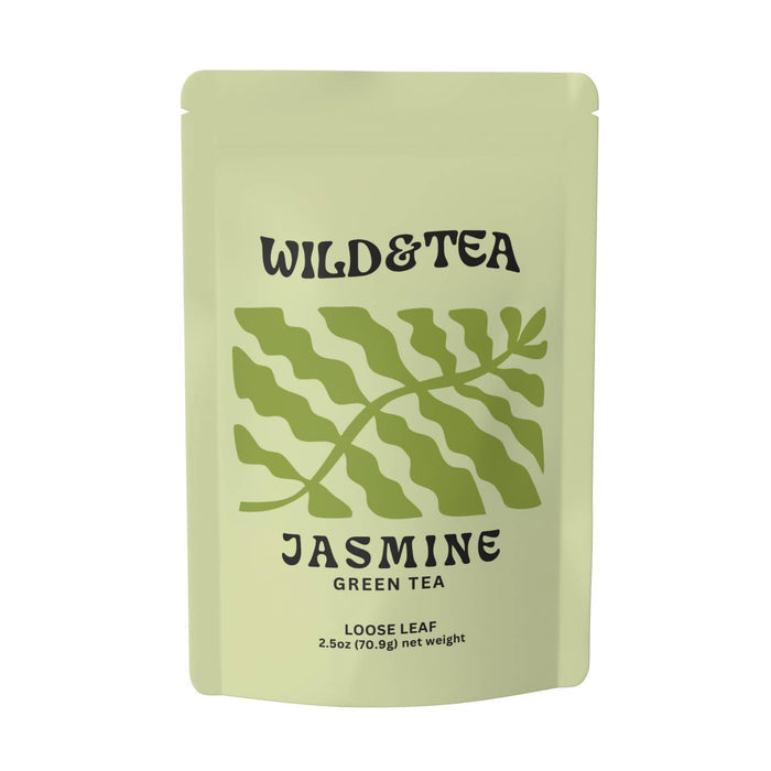 Wild & Tea Jasmine Green Tea pouch featuring bold text and a large green leaf graphic