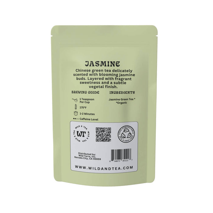 Jasmine Green Tea in a pale green resealable pouch featuring a brewing guide and ingredients panel