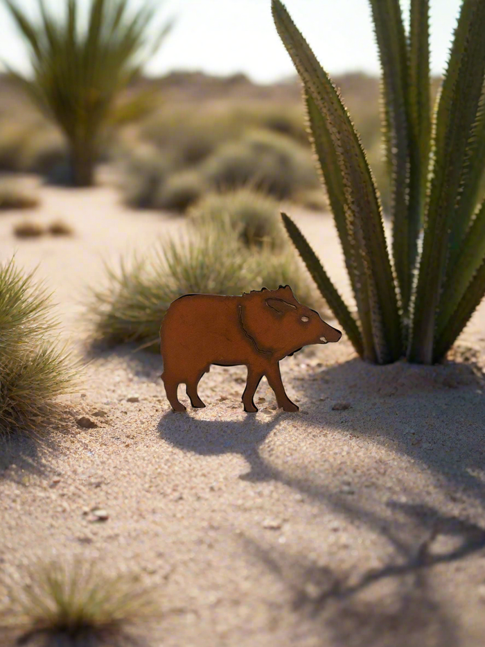 Brown javelina magnet in a desert scene on sandy ground with cacti in the background.