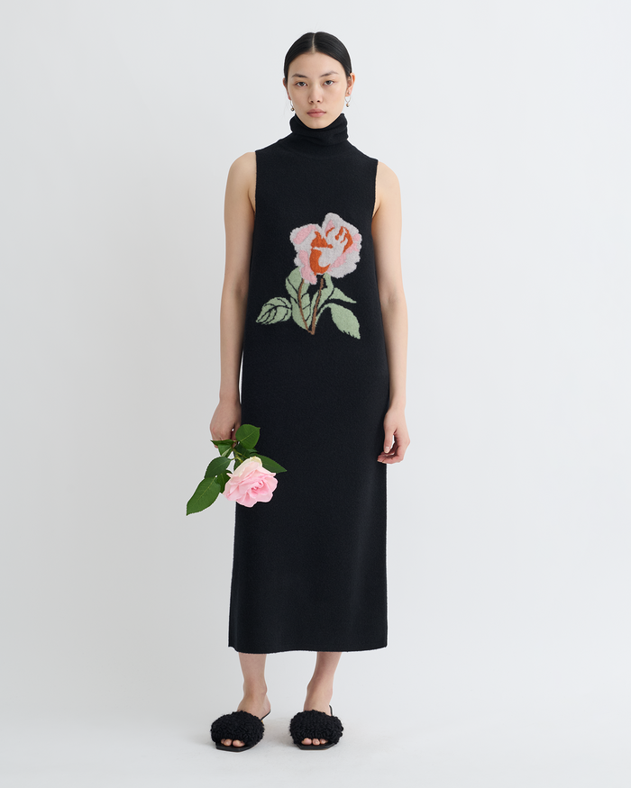 Jessam - Merino Wool Turtleneck Dress - Black/Roses