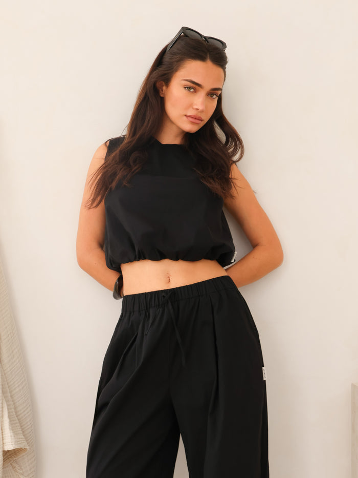 Kaia Wide Leg Poplin Trousers - Black