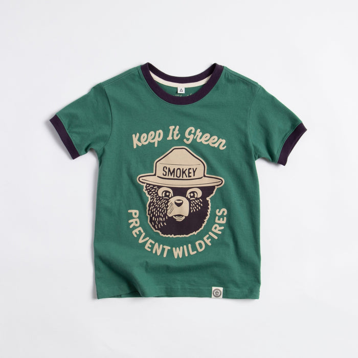 Green Keep It Green Kids' Ringer Tee with purple rib collar and cuffs featuring Smokey Bear graphic.