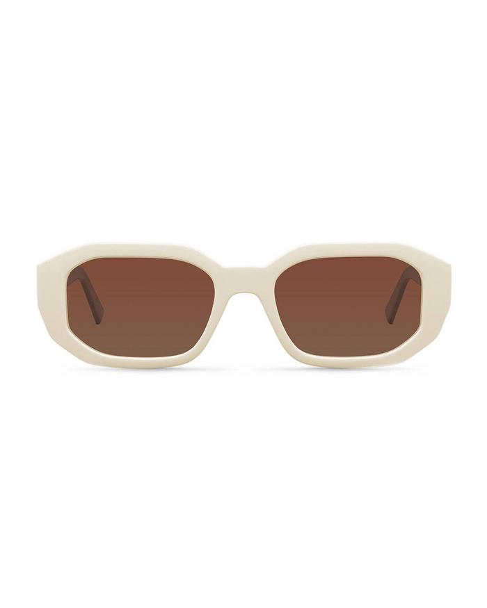 Kessie Sunglasses by Meller feature cream-colored, rectangular frames with thick geometric shapes and brown-tinted polarized lenses, shown from the front against a white background.