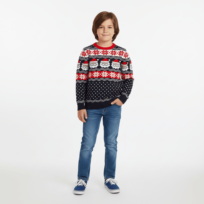 Kids Christmas Jumper Santa Head Snowflakes Red Black Nordic