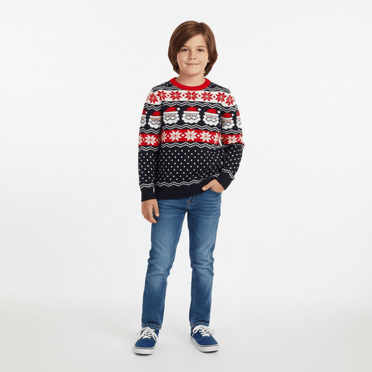Kids Christmas Jumper Santa Head Snowflakes Red Black Nordic