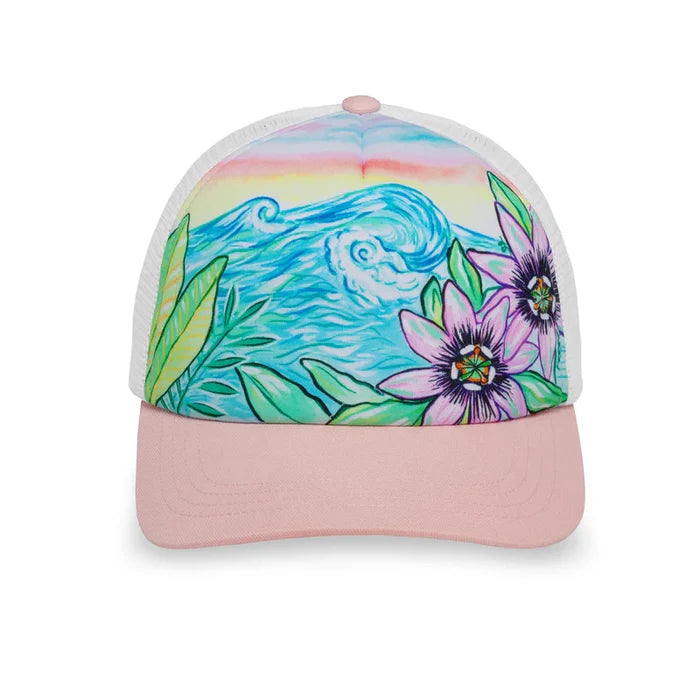 Kids Passion Flower Artist Series Trucker Hat with pink brim and white mesh back featuring tropical wave and purple flowers.