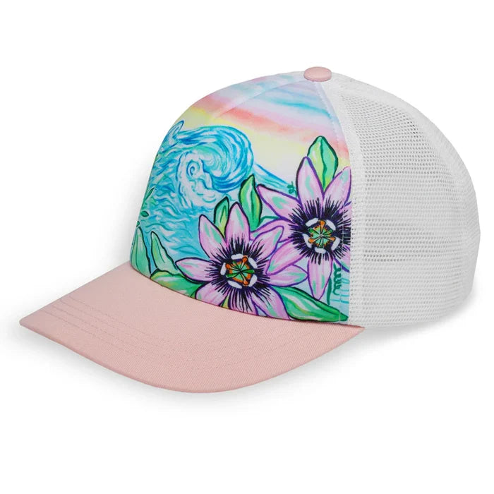 Side view of Kids Passion Flower Artist Series Trucker Hat with tropical print on the front and pink brim.