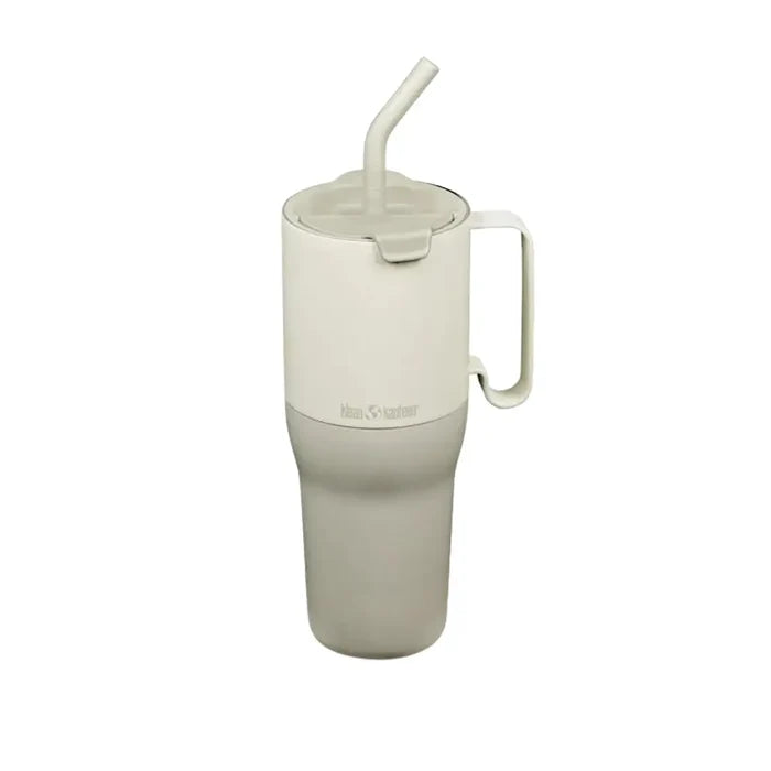 Front detail of Klean Kanteens large 1064ml insulated rise tumbler in tofu biege colour showing the straw and large handle