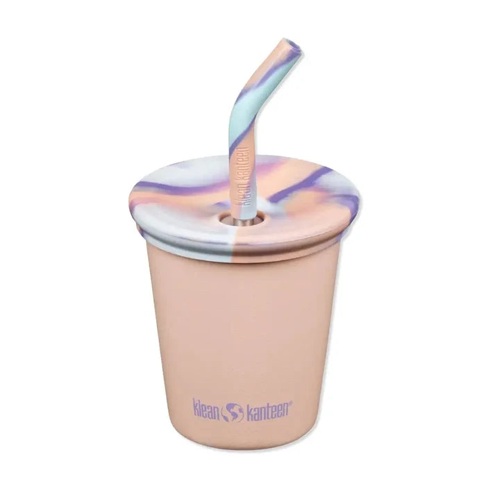 Klean Kanteen stainless steel 296ml kid cup photographed from the front showing the lid and straw in Peach Parfait colour