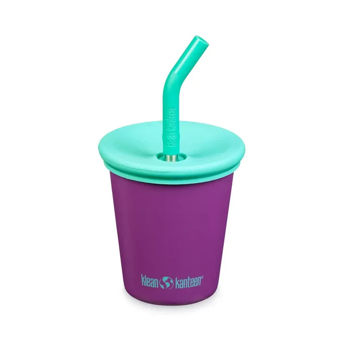 Klean Kanteen stainless steel 296ml kid cup photographed from the front showing the lid and straw in Sparkling Grape colour