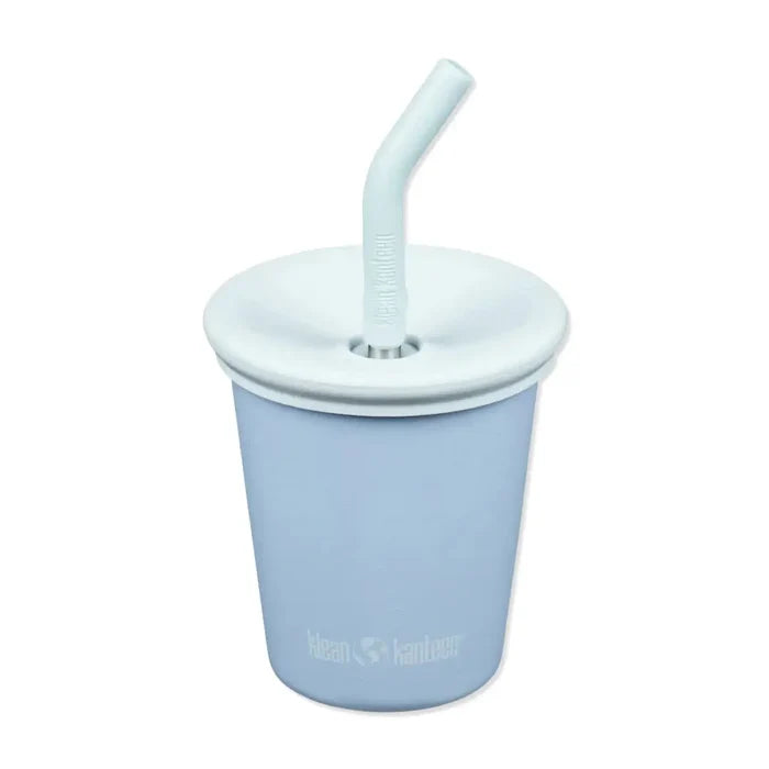 Klean Kanteen stainless steel 296ml kid cup photographed from the front showing the lid and straw in Clear Sky colour