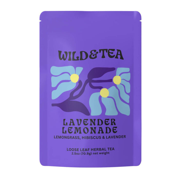 Purple Wild & Tea Lavender Lemonade herbal tea pouch with a floral illustration