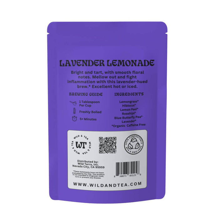 Purple stand-up pouch for Lavender Lemonade Herbal Tea with brewing guide and ingredients on the back label.