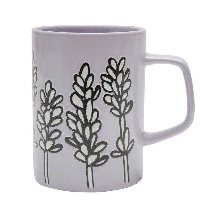 Lavender ceramic mug featuring a bold black leafy pattern