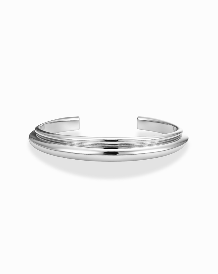 silver double dome cuff bracelet on a white background