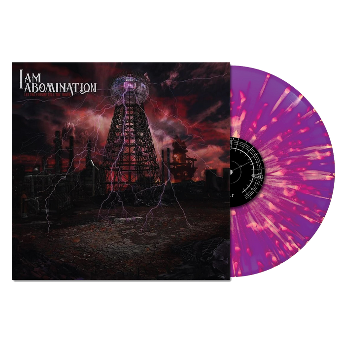 I Am Abomination’s album cover displays a lightning-struck tower in an industrial wasteland; its purple vinyl with pink and white splatters nods to the Retainer Sacrifice tracklist. The Axel Casian artwork brings an electrifying vibe.