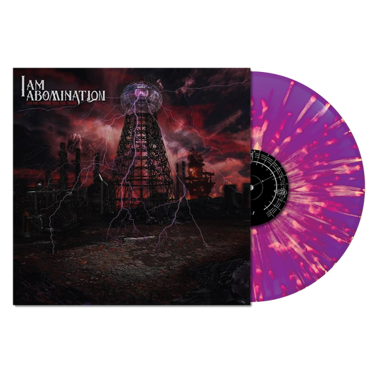 I Am Abomination’s album cover displays a lightning-struck tower in an industrial wasteland; its purple vinyl with pink and white splatters nods to the Retainer Sacrifice tracklist. The Axel Casian artwork brings an electrifying vibe.