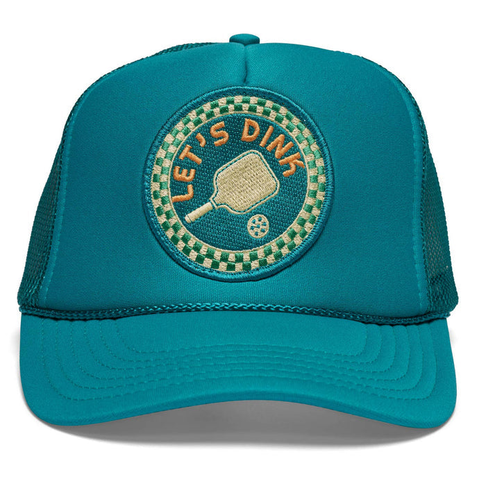 Teal trucker hat with circular embroidered patch reading LET S DINK on the front